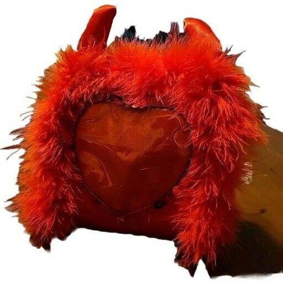 Rare Hairy Red Devil Pillow Photo Holder, Horns, Tails, Decor, Goth Punk Feather - Picture 1 of 8